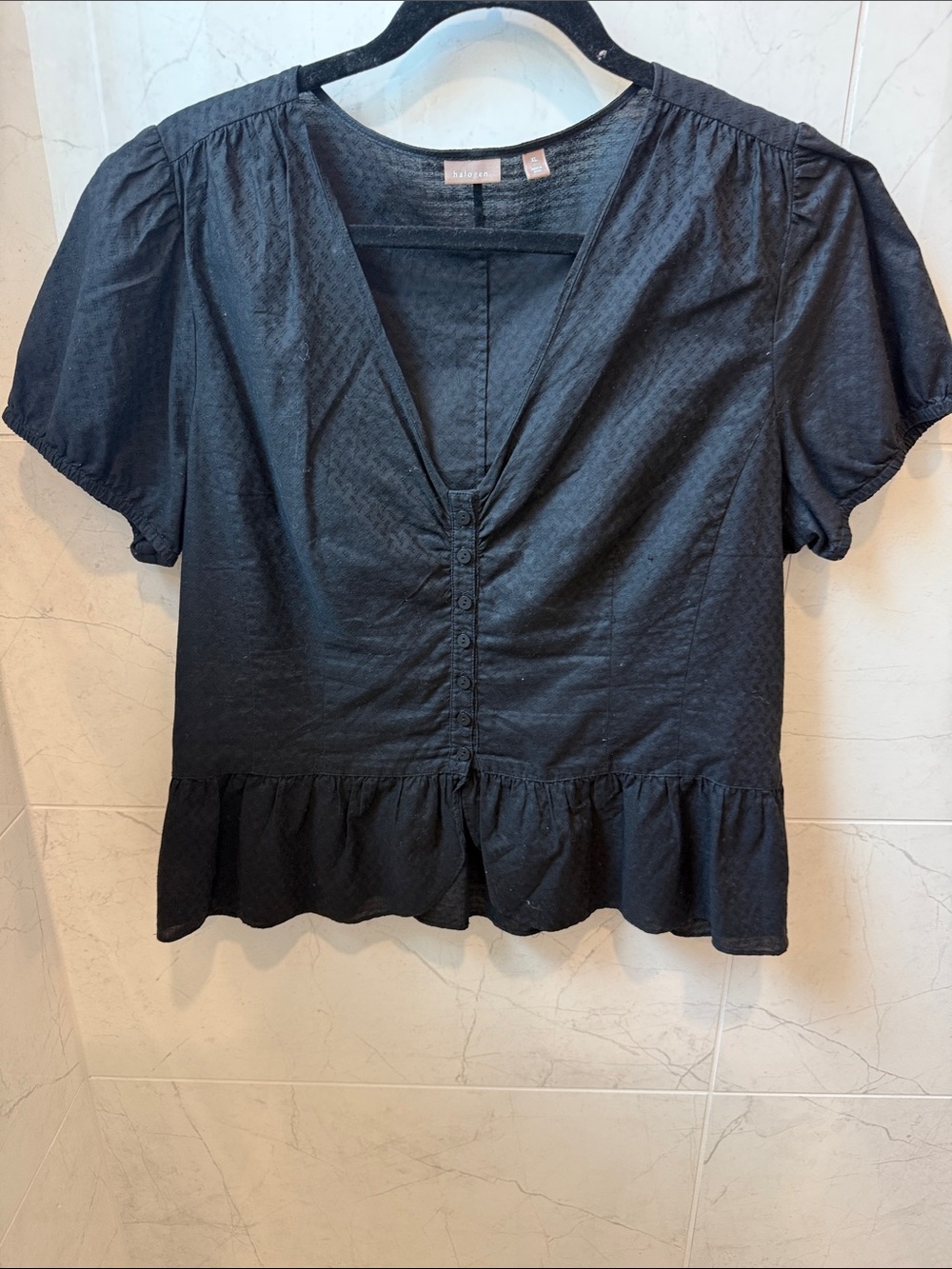 Halogen Black V-Neck Ruffled Button-Front Blouse
